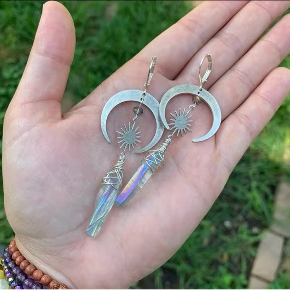 Celestial Aura Quartz Moon and Star Earrings - Picture 1 of 4